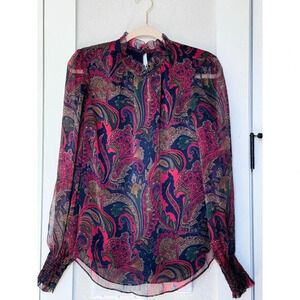 Ralph Lauren High Neck Paisley Sheer Ruffle Lightweight Blouse Pink Blue Brown M